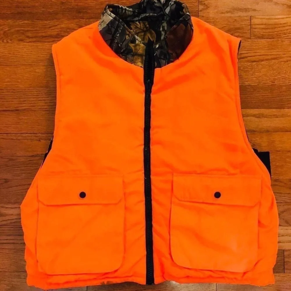REVERSE CAMO PUFFER HUNTING FISHING VEST ORANGE NEON LARGE GORP CORE
